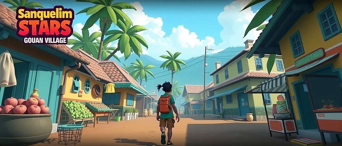 Sanquelim Stars Gameplay Sanquelim Stars gameplay showing character exploring a Goan village with market stalls and traditional houses